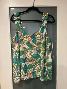 Rose & Olive Tropical Leaf Print Tank Top in Teal, Green, Pink on White